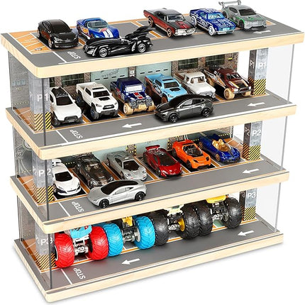 Storage for Hot Wheels: Toy Car Parking Garage Diorama with Lights - Freestanding Display Case for 1/64 Scale Diecast Cars with 4 Levels 24 Spots Maximum 40 Cars
