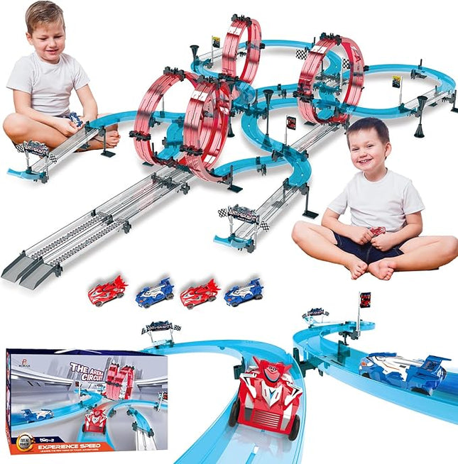 Toy Car Track Set Race Dual-Player with 4 Super Pull-Back Racing Cars, 360°Loops, Turns and Crossover High-Speed Racing Game Circular Overpass Track Gifts Birthday Toys for Boys Kids Age 6 7 8-12