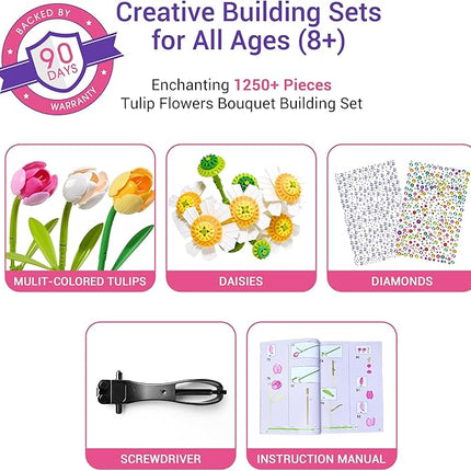 Building Block Flower Bouquet Set, 1250 Pieces, Artificial Tulips and Daisies with Vase, Home Decor Gift