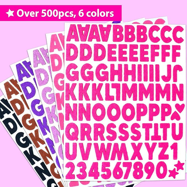 KRAFUN Black and Pink Felt Sticker Kit for Beginner Young Girls and Kids Arts & Crafts, Pack of 500+ Assorted Scrapbook Stickers Alphabets, Numbers, Fun Shapes, Preschool, Children Early Learning