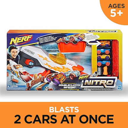 Nerf Doubleclutch Inferno Nitro Toy Includes Blaster, 4 Foam Body Cars, Double Reactive Target, Double Ramp, & 8 Obstacles for Kids 5 Years Old & Up