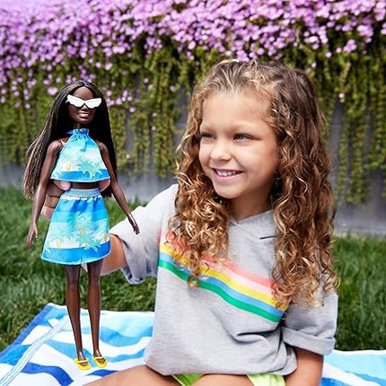 Barbie Loves The Ocean Doll with Brown Hair Weariing Tropical Print Dress & Accessories, Fashion Doll & Clothes Made from Recycled Plastics