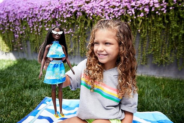Barbie Loves The Ocean Doll with Brown Hair Weariing Tropical Print Dress & Accessories, Fashion Doll & Clothes Made from Recycled Plastics