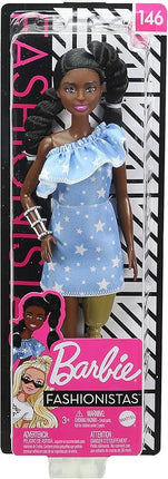 Barbie Fashionistas Doll #146 with 2 Twisted Braids & Prosthetic Leg Wearing Star-Print Dress, White Shoes & Arm Bracelet, Toy for Kids 3 to 8 Years Old