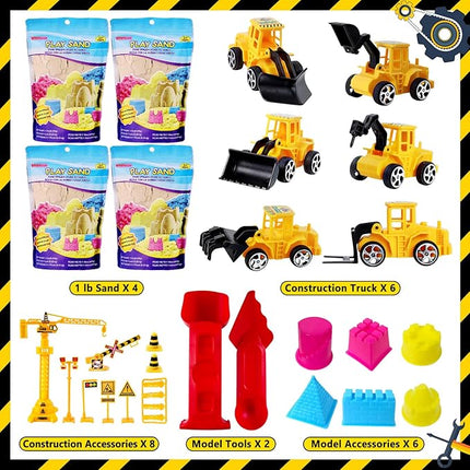 ESSENSON Construction Sensory Bin - Play Sand Kit with Toy Truck and 4lbs Magical Sand, Pretend Play Beach Sensory Toy Sandbox, Kids Gifts for Girls and Boys