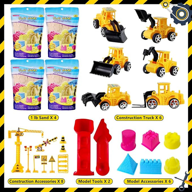 ESSENSON Construction Sensory Bin - Play Sand Kit with Toy Truck and 4lbs Magical Sand, Pretend Play Beach Sensory Toy Sandbox, Kids Gifts for Girls and Boys