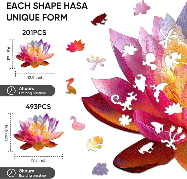 Wooden Puzzles for Adults, Lucky Lotus Jigsaw Puzzles, 201 Pieces Adults Puzzles, Best Gifts for Puzzle Lover, Family Brain Game, 9.6x12.9 inch