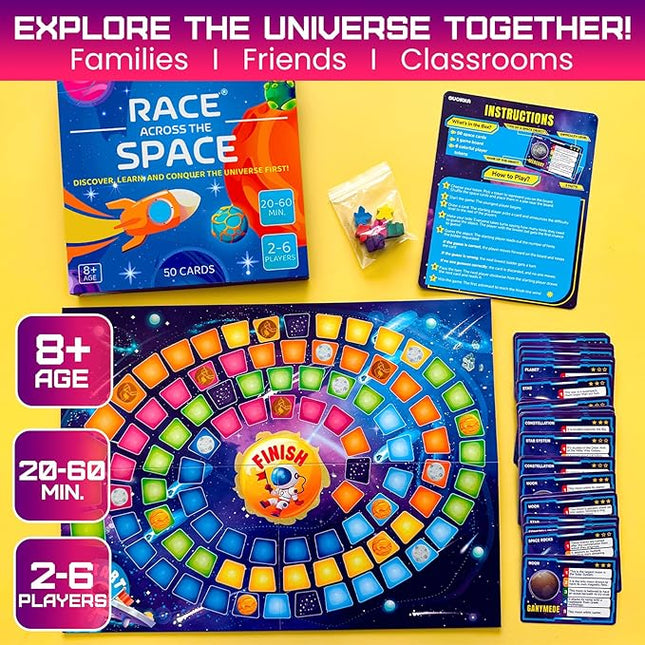 QUOKKA Space Board Game for Kids Ages 8-12 and Families – Fun Space Trivia Game with 50 Cards, Colorful Tokens & Game Board – Learn Planets, Moons Facts – Educational Family Games