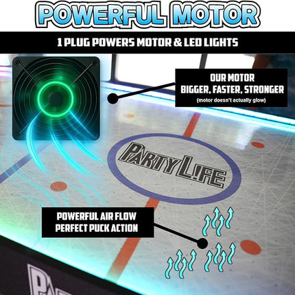 PartyLife 54" Air Hockey Table w/Folding Steel Legs & Optional LED Lights - Powerful Motor, Smooth Surface, Very Sturdy - Perfect for Kids and Adults, Game Rooms & Home Arcade!
