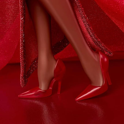 Barbie Signature Doll, Mattel 80th Anniversary Collectible in Glittery Red Tulle Gown with Drop Earrings and Sheer Gloves, Brunette