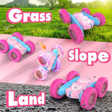 NQD Pink Remote Control Car for Girls, 360° Spin Flip RC Stunt Car with Flashing Wheel Lights 2 Batteries, Double Sided 4WD Off-Road RC Toy Gift for Girls Xmas Birthday