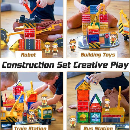 Magnetic Tiles Magnetic Construction Set with 2 Cranes Boys Toys for Ages 3-5 5-7 8-10 Building Toys Includes Crane, Road Tracks, Train, Train Tracks, Dolls, Car Toy, Traffic Lights and Stations