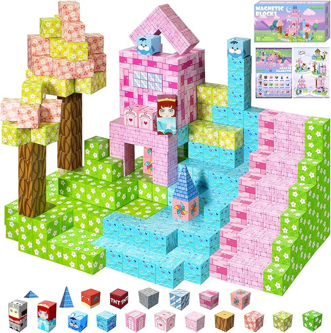 100PCS Magnetic Blocks, Magnetic Building Blocks, STEM Constructions Magnet Blocks for Boys Girls Age 3 4 5 6 7 8 9 10, Sensory Stacking Toy Christmas Birthday Gifts for Kids