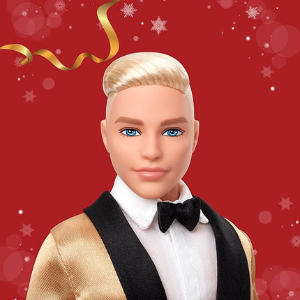 Barbie Signature 2025 Holiday Blonde Ken Collectible Fashion Doll Wearing Full Suit with Golden Jacket in Displayable Packaging & Doll Stand
