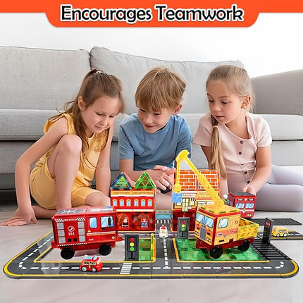 Magnetic Tiles Road Set with Fire Truck Magnetic Crane, Creative Construction Toys for Kids Ages 3-12, Boys & Girls, Fire Rescue Station and Engineering Themed Magnetic Building Blocks