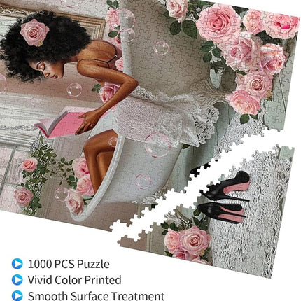 African American Jigsaw Puzzles 1000 Pieces for Adults, Bath Time Reading Scene, Black Woman Wooden Puzzle for Stress Relief, Challenging Brain Teaser & Home Decor
