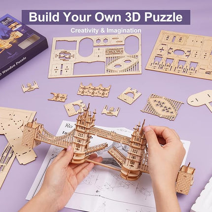 ROBOTIME 3D Puzzle Wooden Craft Kits with LED Light DIY Tower Bridge Construction Model Kit to Build for Teens Brain Teaser Puzzle Home Decor Birthday Gifts