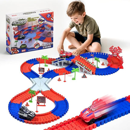 Spider Toys for Ages 5-7, Spider Race Track with 2 pcs Spider Cars Toys for 3 4 5 6 Year old Boys Girls DIY Flexible Tracks Playset Creative STEM Building Car Tracks for Kids Age 3-5 6-8 Birthday Gift
