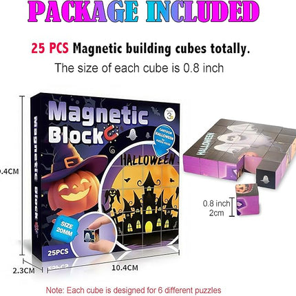 Magnetic Blocks Building Toy,Ritastar 25pcs Mine Stacking Magnet Build Cubes Cartoon Pattern World,STEM Sensory Construction Toys for Kids Gift,Educational Jigsaw Puzzle Set with 3D Halloween Designs