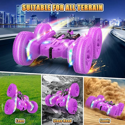 Remote Control Cars for Girls, 2.4GHz RC Stunt Car with 360° Flips & Double Sided Driving, LED Strip Lights and Headlights, Changeable Wheels, Birthday Gift for 5-12 Year Old Girls (Purple)
