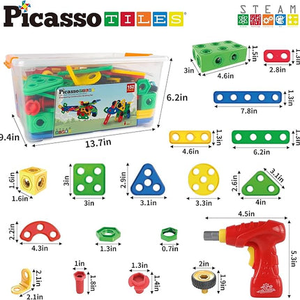 PicassoTiles 152pc STEM Construction Toy Building Set for Kids Ages 3+ Includes Power Drill, Ratchet, Idea Book, Storage Box Educational Engineering Science Kit & Sensory Toys for Boys & Girls PTN152