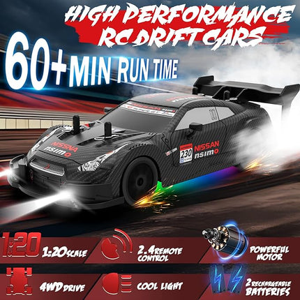RC Drift Car 1:20 Scale Remote Control Cars 2.4GHz 4WD High Speed RTR Racing Vehicle with LED Lights 2 Rechargeable Batteries and Drifting Tires Racing Sport Toy Car for Adults Kids Boys Girls