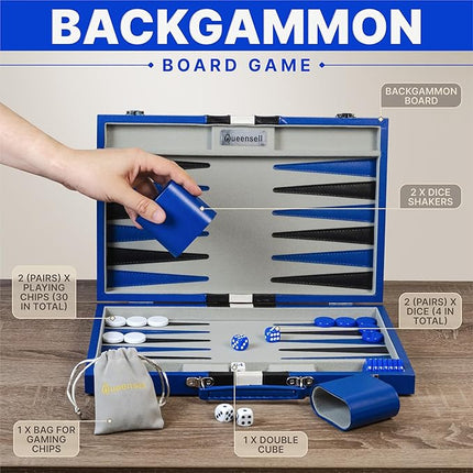 Backgammon Sets for Adults – 15-Inch PU Leather Board Game – Classic 2-Player Travel Backgammon Set with 32 Playing Pieces, Dice, and Cups