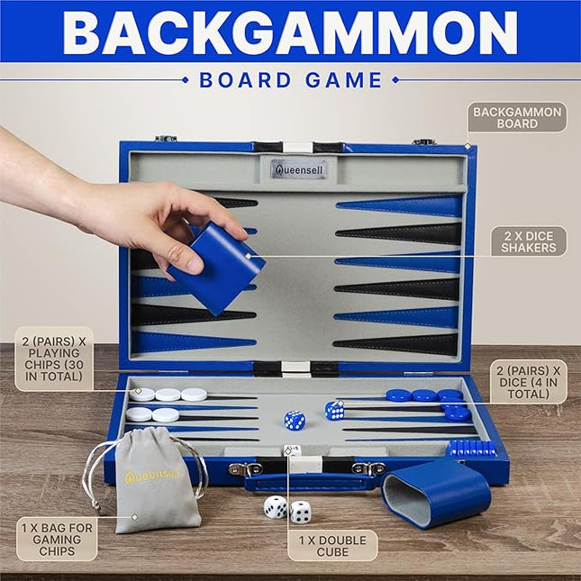 Backgammon Sets for Adults – 15-Inch PU Leather Board Game – Classic 2-Player Travel Backgammon Set with 32 Playing Pieces, Dice, and Cups