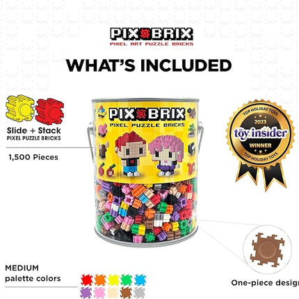 Pix Brix Pixel Art kit Puzzle Bucket - 1,500-Piece Kit with 10-Color Medium Palette – Patented Interlocking Building Bricks for 2D and 3D Creations – STEM Toy for Ages 6+