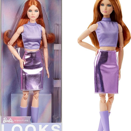 Barbie Looks Doll, Collectible No. 20 with Red Hair & Modern Y2K Fashion, Lavender Top & Faux-Leather Skirt with Knee-High Boots