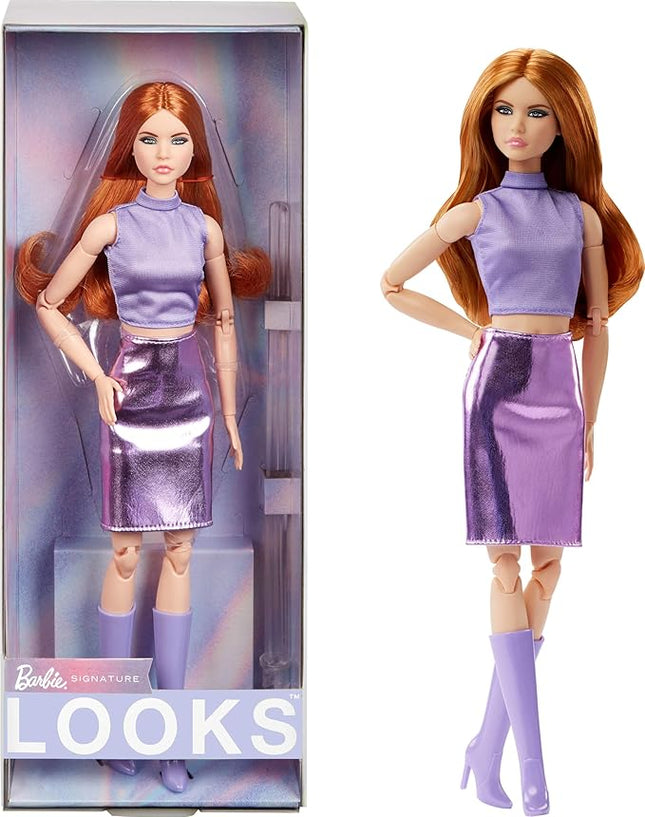 Barbie Looks Doll, Collectible No. 20 with Red Hair & Modern Y2K Fashion, Lavender Top & Faux-Leather Skirt with Knee-High Boots