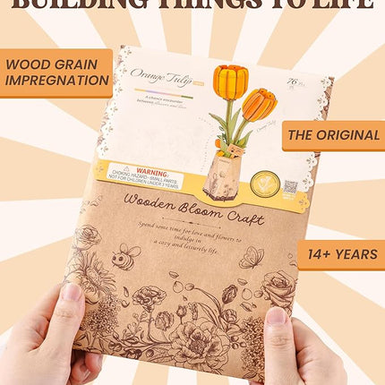 rowood Wooden Flower,DIY Artifical Flower Building Set Craft Kit for Adults,Mother's Day/Valentine's Day for Mom/Women/Grandma-Orange Tulip