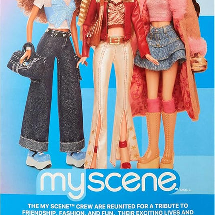 Barbie Signature My Scene Doll & Accessories, in Y2K-Inspired Outfit with Pleather Jacket, Flare Pants, Saddle Bag & Display Stand