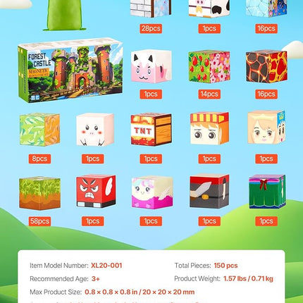 VEVOR Magnetic Blocks, 150 PCS Forest Castle Set, Magnetic Building Cubes for Kids, STEM Montessori Sensory Toys for Christmas Birthday Gift, Construction Stacking Toy for 3+ Years Old Boys & Girls