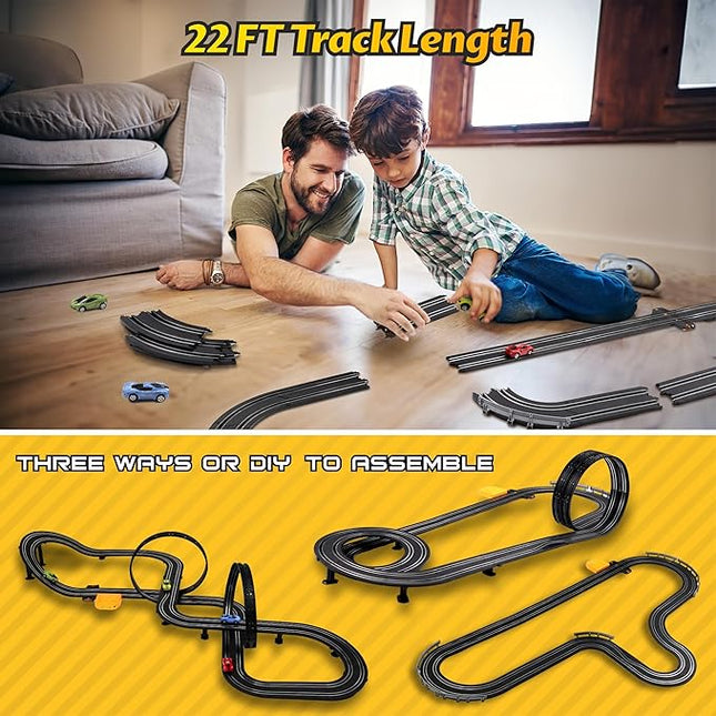 23 FT Powered Electric Race Track Set with Loop, Turns and Crossover - Includes 4 Slot Cars - Toys & Gifts for Boys Age 4-8