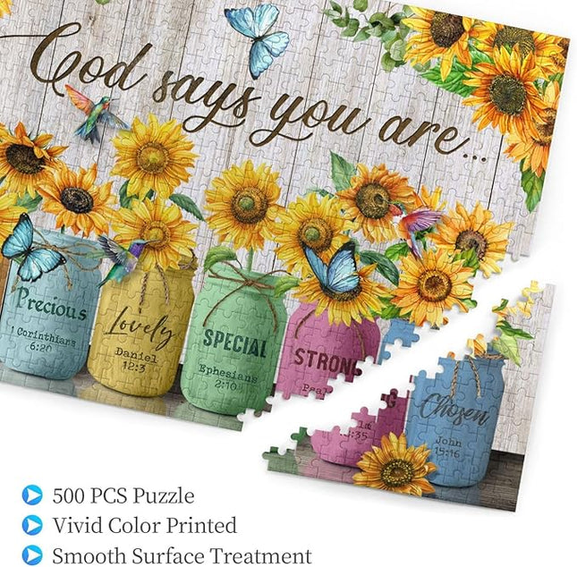 Christian Wooden Jigsaw Puzzle 500 Pieces for Adults - Inspirational Sunflower & Scripture, God Says You are Religious Gift for Women, Faith-Based Home Decor