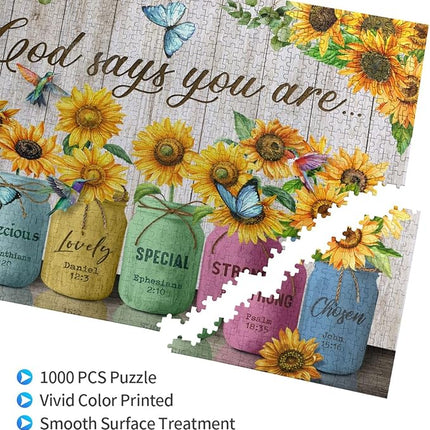 Christian Wooden Jigsaw Puzzle 1000 Pieces for Adults - Challenging Inspirational Sunflower & Scripture, God Says You are Religious Gift, Faith-Based Home Decor