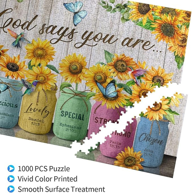 Christian Wooden Jigsaw Puzzle 1000 Pieces for Adults - Challenging Inspirational Sunflower & Scripture, God Says You are Religious Gift, Faith-Based Home Decor