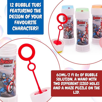 Toyland® Pack of 12 Avengers Bubbles with Wands, 2fl oz Solution & Novelty Maze Lid - Pocket Money & Party Bag Toys