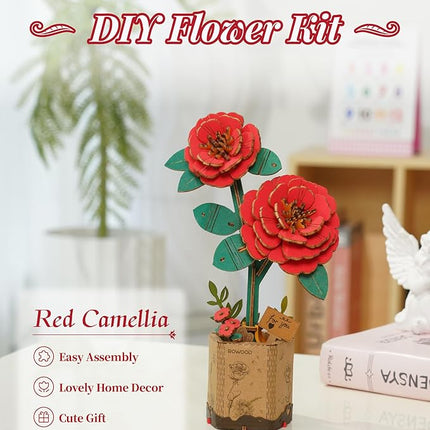 rowood 3D Puzzle Artifical Flower,DIY Wooden Flower Craft Kit Building,Mother's Day/Valentine's Day/Teacher's Day/Thanksgiving Day/Christmas/Birthday Gift for Mom/Women/Grandma/Wife/Her-Red Camellia