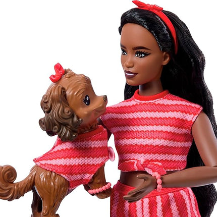 Barbie Twinning Looks Doll with Pet Dog in Matching Red Striped Clothes and Accessories for Both like Sunglasses and Headbands, Wavy Black Hair