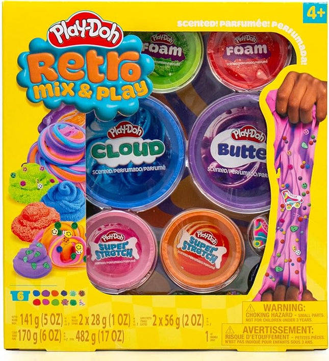 Play-Doh Retro Mix & Play Scented Compounds – Cloud, Butter, Foam, Super Stretch, Sensory Dough, Kit, Gifts for Kids, Sensory Toys, Party Favors for Kids 8-12, Playdoh Compound Packs