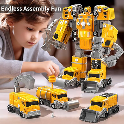 Toys for Ages 5-7, 5-in-1 Take Apart Construction Vehicle Trucks Transform to Robot, 5 6 7 8 Year Old Boy Christmas Birthday Gift Ideas, Robot Toys for Kids 4-8