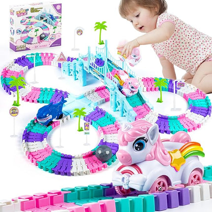 Unicorn Race Track Car Set for Kids, Flexible DIY Tracks with Unicorn and Shark Cars, STEM Building Toy for Girls and Boys Ages 3 4 5 6 7, Birthday Gift Idea