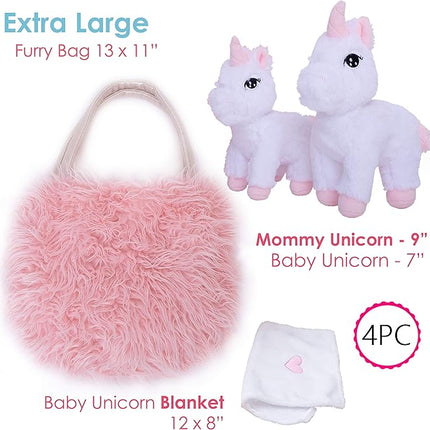 Perfectto Design Unicorn Toy for Girls Age 3-10. 4 PCS Set - Mommy and Baby Stuffed Animals, Bag and a Doll Blanket. Unicorn Gift for 3-8 Year Old Birthdays and Christmas.