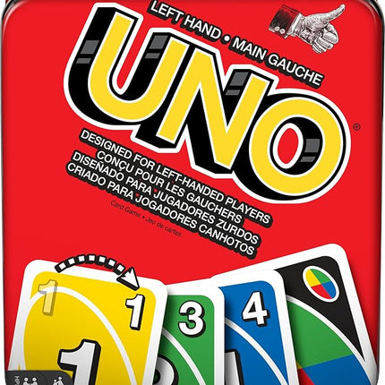 Mattel Games UNO Card Game for Family Night with Cards Specially Designed for Left-Handed Players in Collectible Tin Box