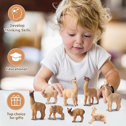 Toymany 8PCS Realistic Alpaca Figurines Llama Figures - Plastic Forest Jungle Animal Figurines, Christmas Birthday Toy Gift for Kids Boys Girls