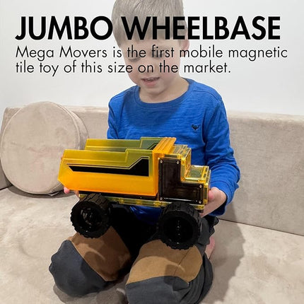 Learn & Grow Mega Movers - Magnetic Tiles Construction Trucks – Magnetic Build a Truck Set with 2 Jumbo Magnet Car Vehicles & Moveable Rubber Wheels – Durable STEM Building Toy for Kids Ages 3+
