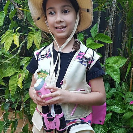 Safari Kidz Outdoor Explorer Kit - Pink Camouflage Cargo Vest and Hat Set, Backyard Nature Adventures, Washable Costume, Age 3+