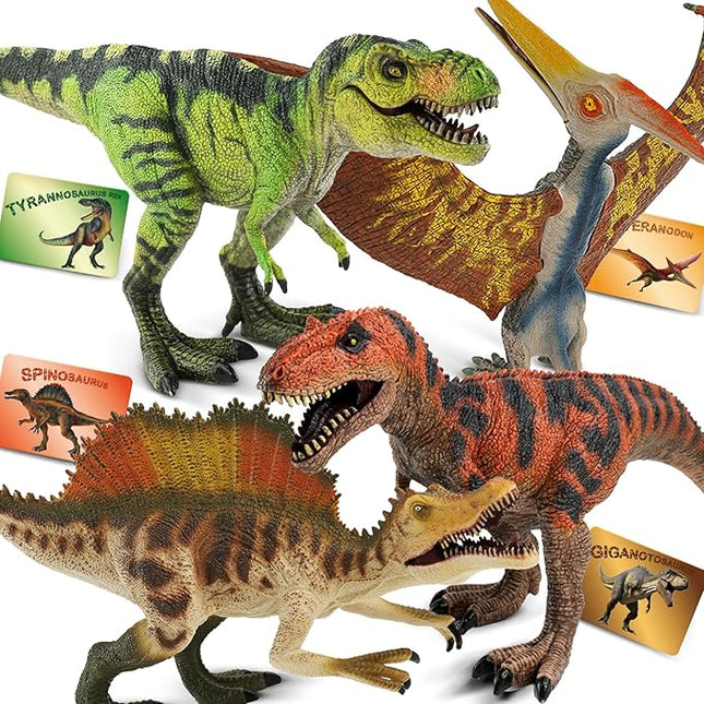 4 PCS Jumbo Dinosaur Toys for Kids 3-5 Realistic Dinosaur Figures with Movable Parts & Learning Cards- Big Dino Toys for Kids 5-7 Ideal Gift for Toddlers Boys Girls Ages 3+